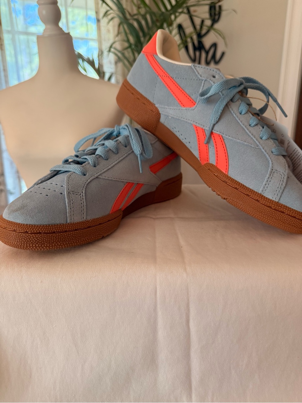 Reebok Light Blue Suede Sneakers with Neon Orange Accent